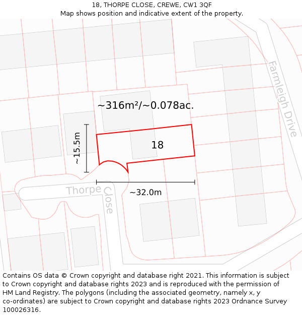 18, THORPE CLOSE, CREWE, CW1 3QF: Plot and title map