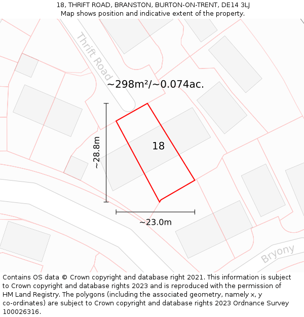 18, THRIFT ROAD, BRANSTON, BURTON-ON-TRENT, DE14 3LJ: Plot and title map