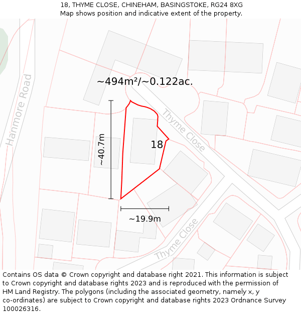 18, THYME CLOSE, CHINEHAM, BASINGSTOKE, RG24 8XG: Plot and title map