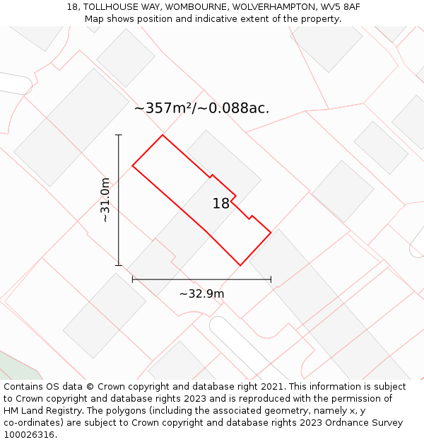 18, TOLLHOUSE WAY, WOMBOURNE, WOLVERHAMPTON, WV5 8AF: Plot and title map