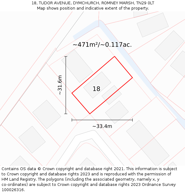 18, TUDOR AVENUE, DYMCHURCH, ROMNEY MARSH, TN29 0LT: Plot and title map