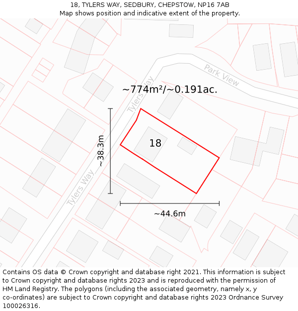 18, TYLERS WAY, SEDBURY, CHEPSTOW, NP16 7AB: Plot and title map