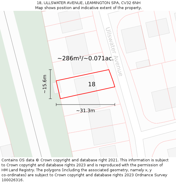 18, ULLSWATER AVENUE, LEAMINGTON SPA, CV32 6NH: Plot and title map