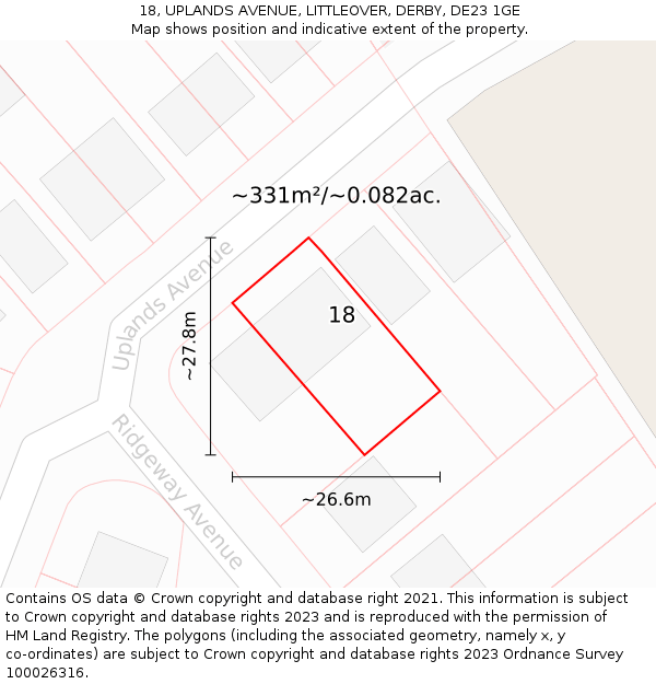 18, UPLANDS AVENUE, LITTLEOVER, DERBY, DE23 1GE: Plot and title map