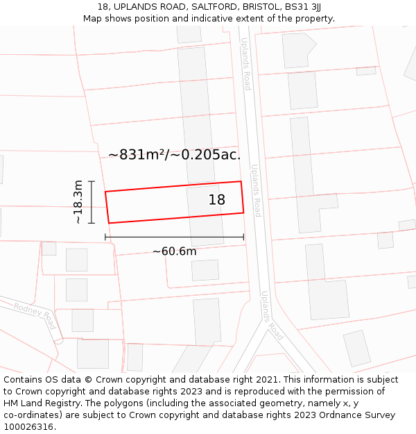18, UPLANDS ROAD, SALTFORD, BRISTOL, BS31 3JJ: Plot and title map
