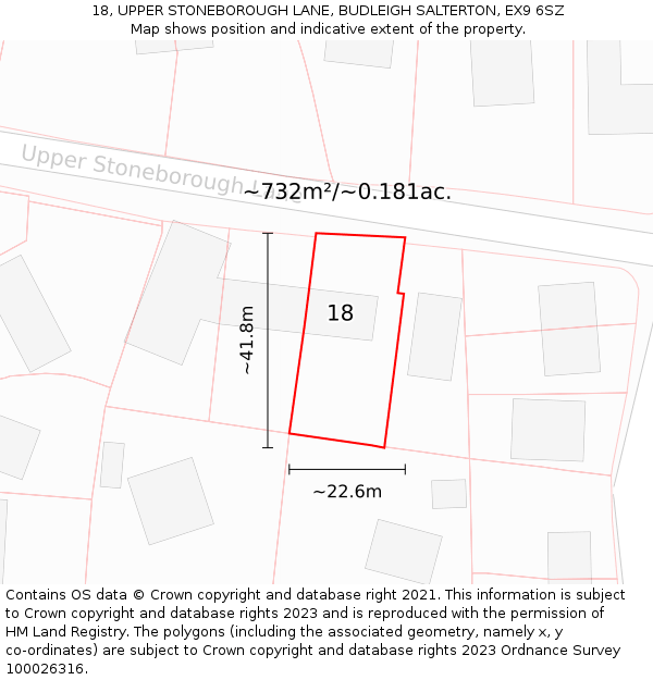 18, UPPER STONEBOROUGH LANE, BUDLEIGH SALTERTON, EX9 6SZ: Plot and title map