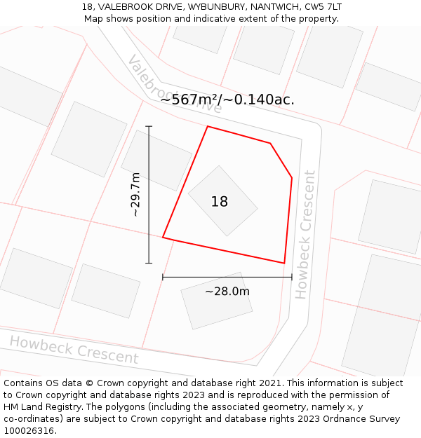 18, VALEBROOK DRIVE, WYBUNBURY, NANTWICH, CW5 7LT: Plot and title map