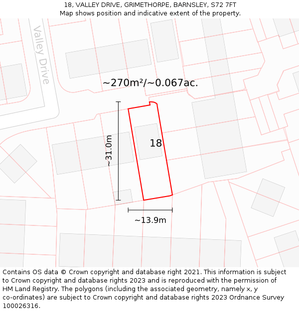 18, VALLEY DRIVE, GRIMETHORPE, BARNSLEY, S72 7FT: Plot and title map