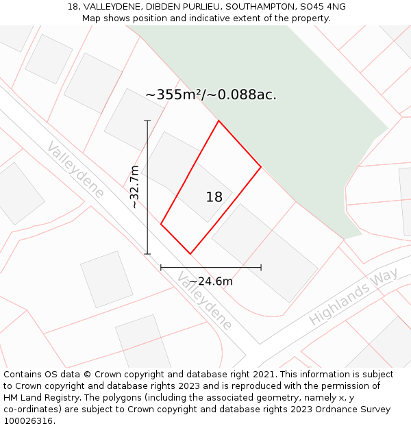 18, VALLEYDENE, DIBDEN PURLIEU, SOUTHAMPTON, SO45 4NG: Plot and title map