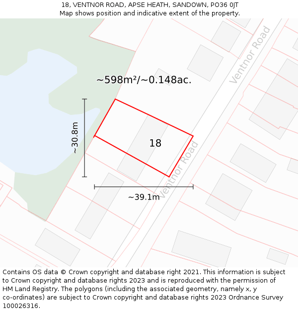 18, VENTNOR ROAD, APSE HEATH, SANDOWN, PO36 0JT: Plot and title map