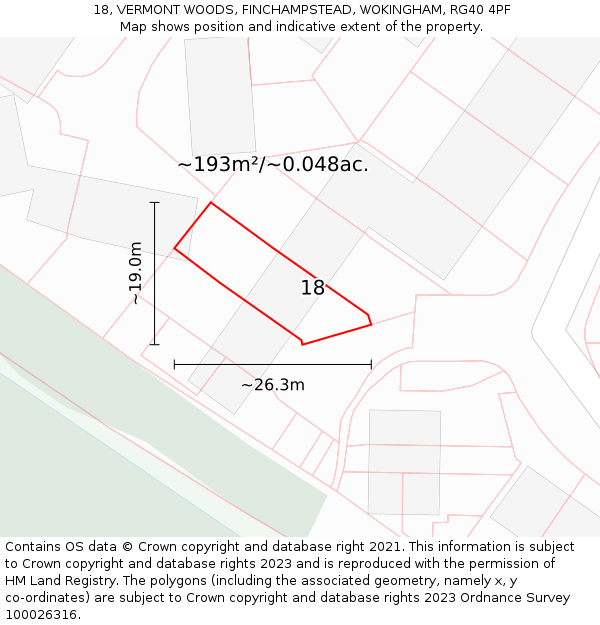 18, VERMONT WOODS, FINCHAMPSTEAD, WOKINGHAM, RG40 4PF: Plot and title map