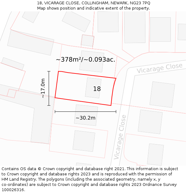 18, VICARAGE CLOSE, COLLINGHAM, NEWARK, NG23 7PQ: Plot and title map