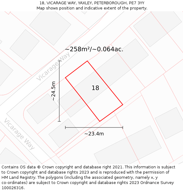 18, VICARAGE WAY, YAXLEY, PETERBOROUGH, PE7 3YY: Plot and title map