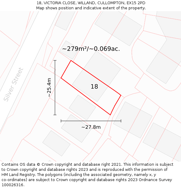 18, VICTORIA CLOSE, WILLAND, CULLOMPTON, EX15 2PD: Plot and title map