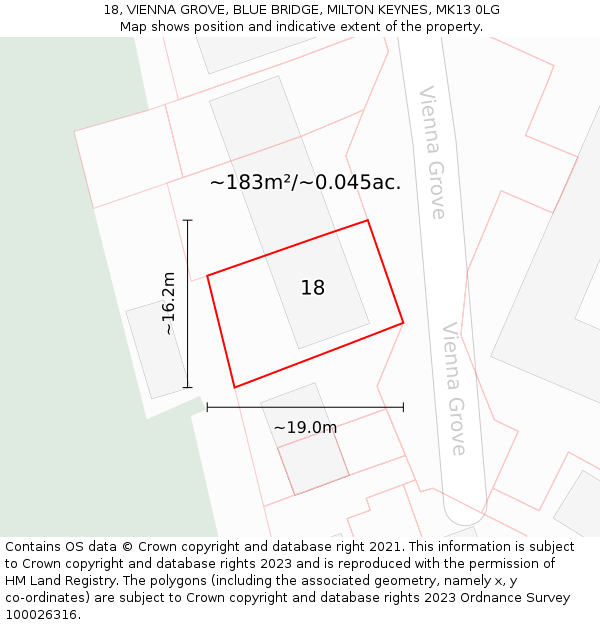 18, VIENNA GROVE, BLUE BRIDGE, MILTON KEYNES, MK13 0LG: Plot and title map