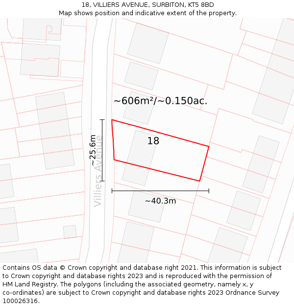 18, VILLIERS AVENUE, SURBITON, KT5 8BD: Plot and title map