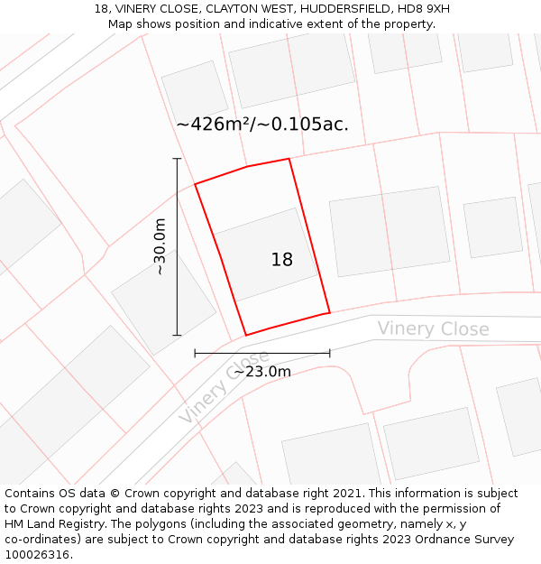 18, VINERY CLOSE, CLAYTON WEST, HUDDERSFIELD, HD8 9XH: Plot and title map