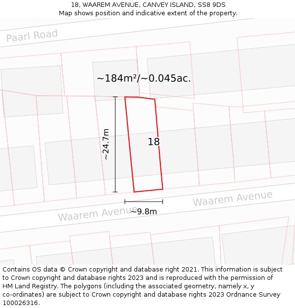 18, WAAREM AVENUE, CANVEY ISLAND, SS8 9DS: Plot and title map