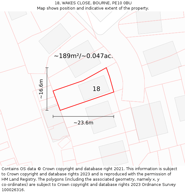 18, WAKES CLOSE, BOURNE, PE10 0BU: Plot and title map