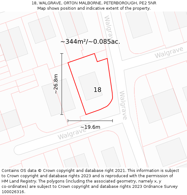 18, WALGRAVE, ORTON MALBORNE, PETERBOROUGH, PE2 5NR: Plot and title map