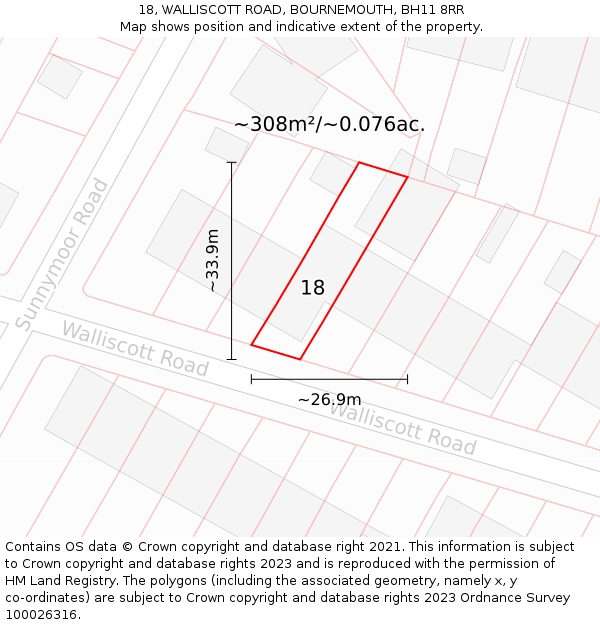 18, WALLISCOTT ROAD, BOURNEMOUTH, BH11 8RR: Plot and title map