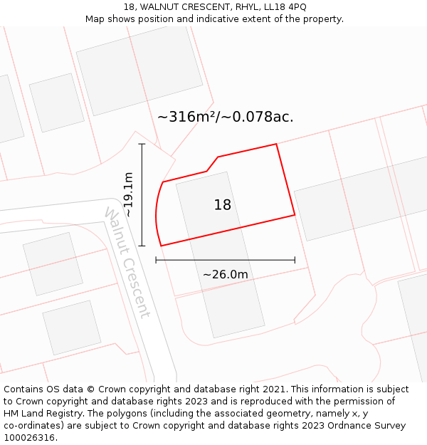 18, WALNUT CRESCENT, RHYL, LL18 4PQ: Plot and title map