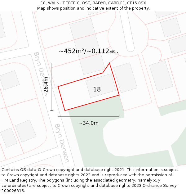 18, WALNUT TREE CLOSE, RADYR, CARDIFF, CF15 8SX: Plot and title map