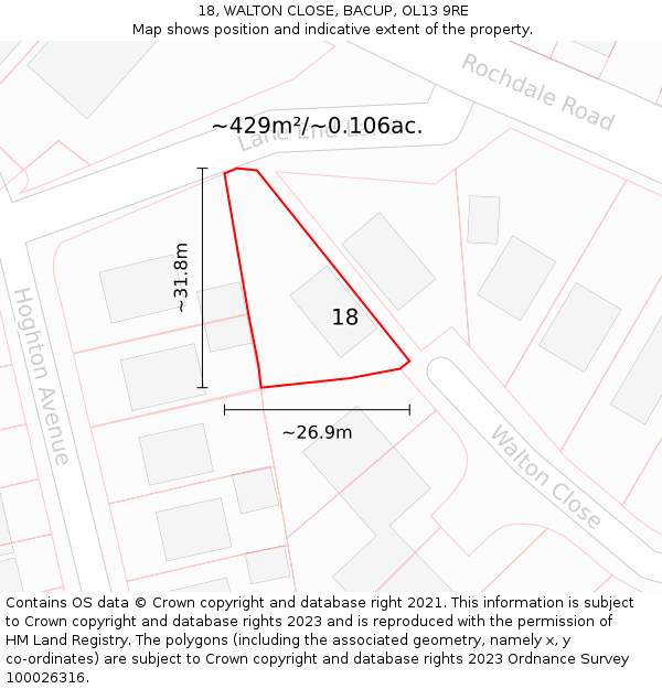 18, WALTON CLOSE, BACUP, OL13 9RE: Plot and title map