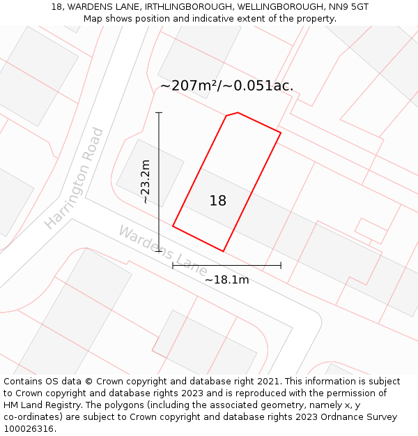 18, WARDENS LANE, IRTHLINGBOROUGH, WELLINGBOROUGH, NN9 5GT: Plot and title map