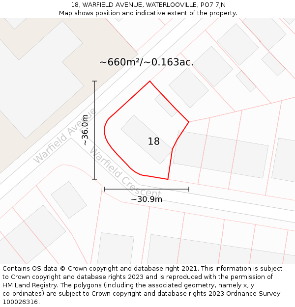 18, WARFIELD AVENUE, WATERLOOVILLE, PO7 7JN: Plot and title map