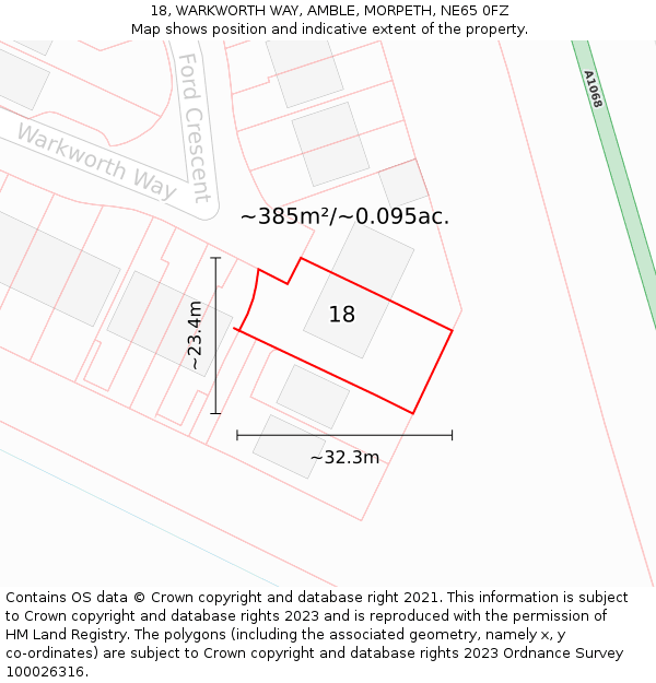 18, WARKWORTH WAY, AMBLE, MORPETH, NE65 0FZ: Plot and title map