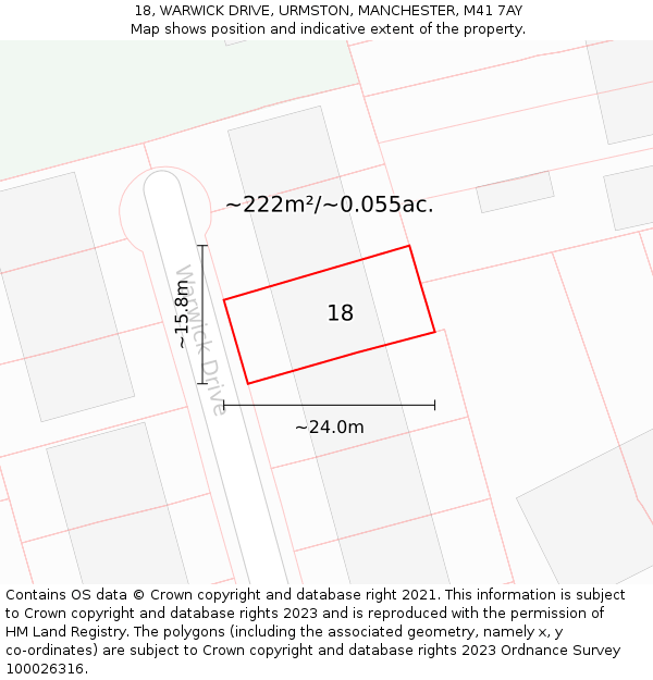 18, WARWICK DRIVE, URMSTON, MANCHESTER, M41 7AY: Plot and title map