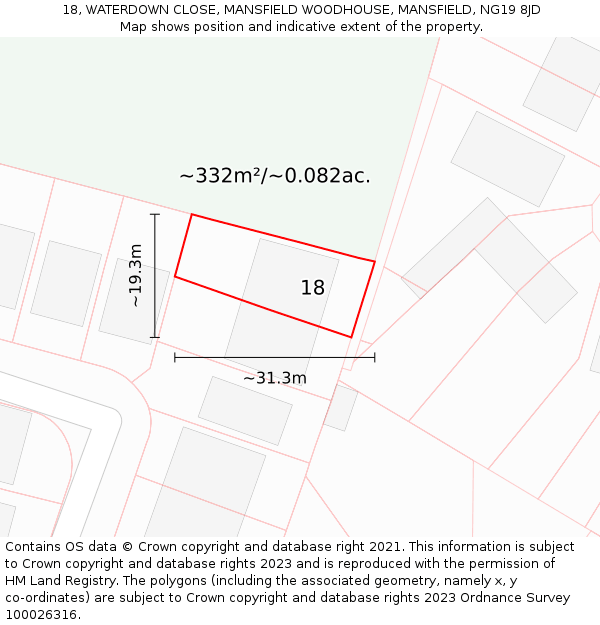 18, WATERDOWN CLOSE, MANSFIELD WOODHOUSE, MANSFIELD, NG19 8JD: Plot and title map