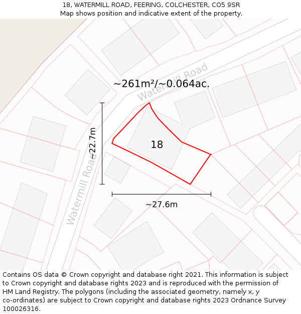 18, WATERMILL ROAD, FEERING, COLCHESTER, CO5 9SR: Plot and title map