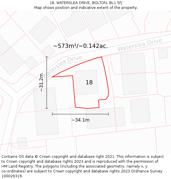 18, WATERSLEA DRIVE, BOLTON, BL1 5FJ: Plot and title map