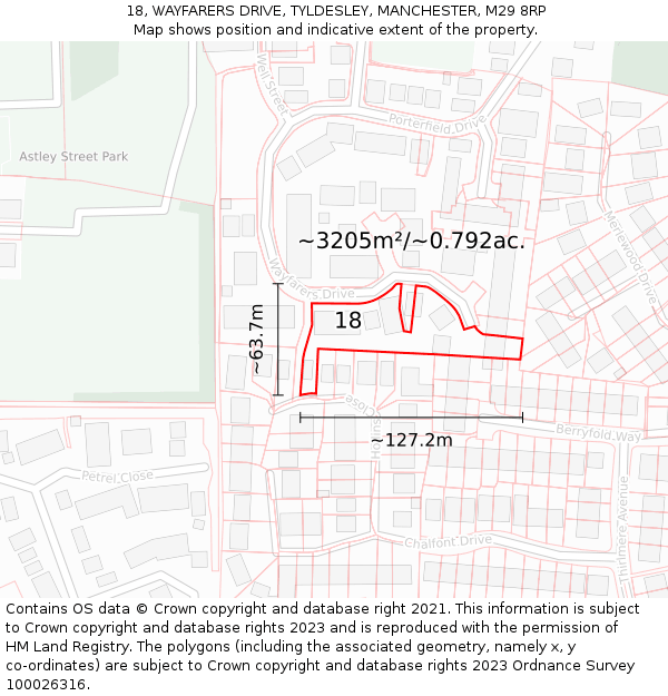 18, WAYFARERS DRIVE, TYLDESLEY, MANCHESTER, M29 8RP: Plot and title map