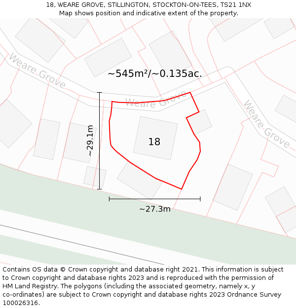 18, WEARE GROVE, STILLINGTON, STOCKTON-ON-TEES, TS21 1NX: Plot and title map