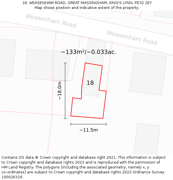 18, WEASENHAM ROAD, GREAT MASSINGHAM, KING'S LYNN, PE32 2EY: Plot and title map