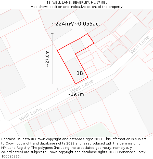 18, WELL LANE, BEVERLEY, HU17 9BL: Plot and title map