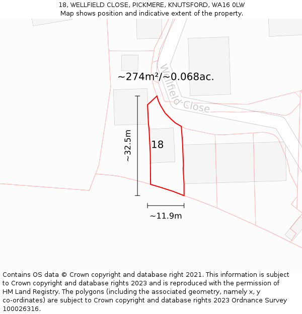 18, WELLFIELD CLOSE, PICKMERE, KNUTSFORD, WA16 0LW: Plot and title map
