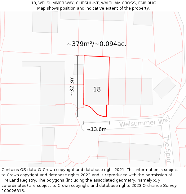 18, WELSUMMER WAY, CHESHUNT, WALTHAM CROSS, EN8 0UG: Plot and title map