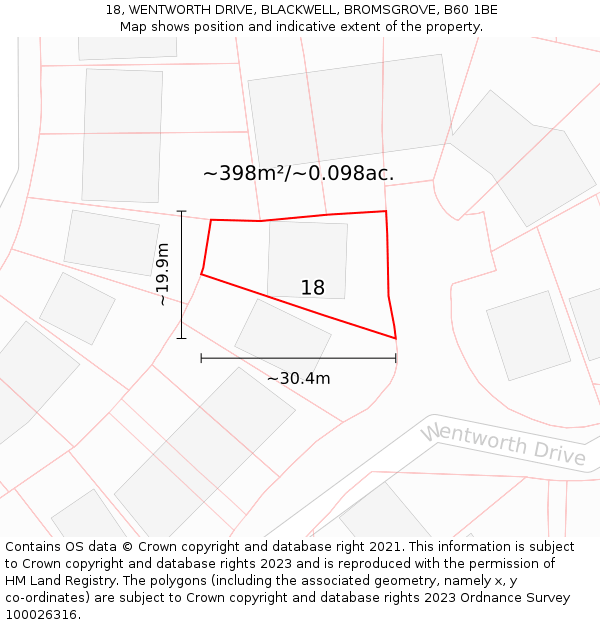 18, WENTWORTH DRIVE, BLACKWELL, BROMSGROVE, B60 1BE: Plot and title map