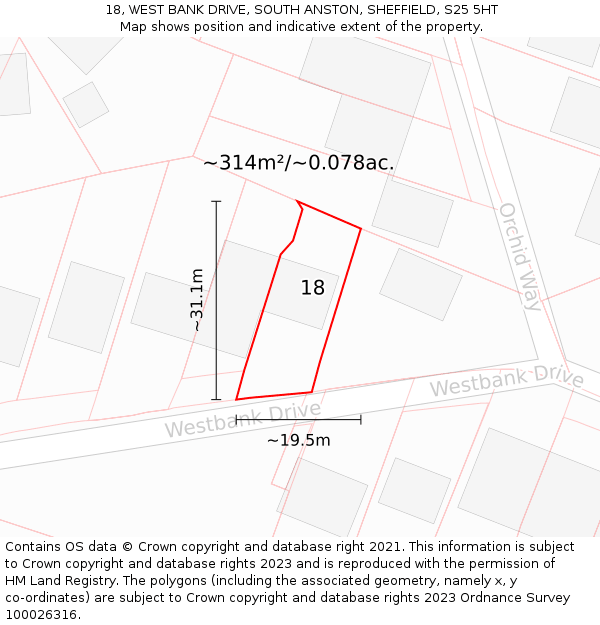 18, WEST BANK DRIVE, SOUTH ANSTON, SHEFFIELD, S25 5HT: Plot and title map