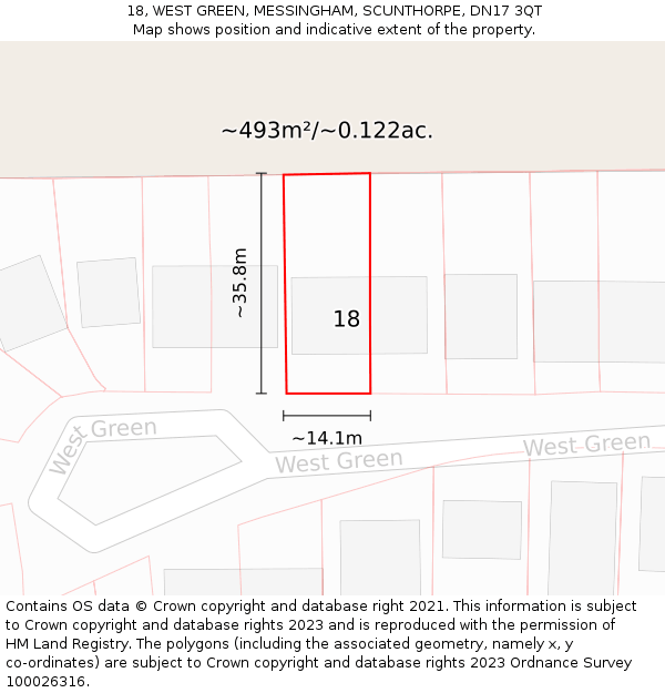 18, WEST GREEN, MESSINGHAM, SCUNTHORPE, DN17 3QT: Plot and title map