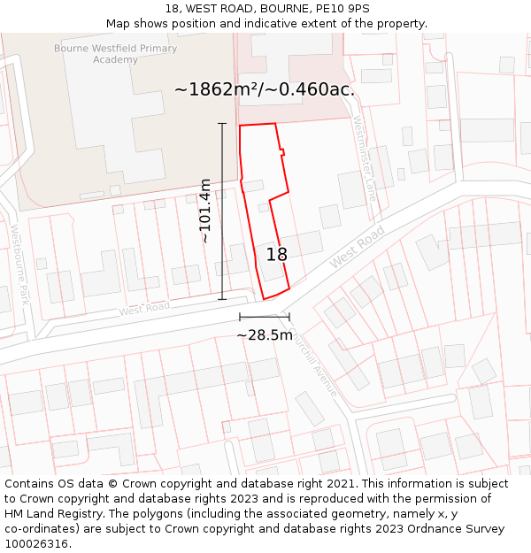 18, WEST ROAD, BOURNE, PE10 9PS: Plot and title map