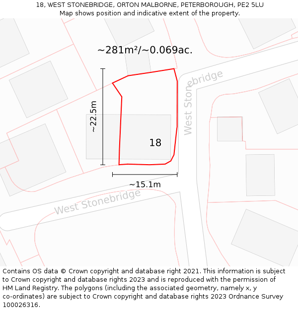 18, WEST STONEBRIDGE, ORTON MALBORNE, PETERBOROUGH, PE2 5LU: Plot and title map