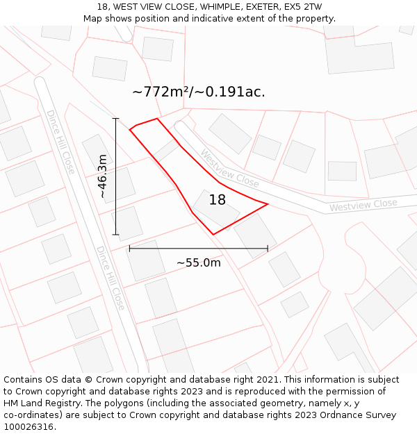 18, WEST VIEW CLOSE, WHIMPLE, EXETER, EX5 2TW: Plot and title map