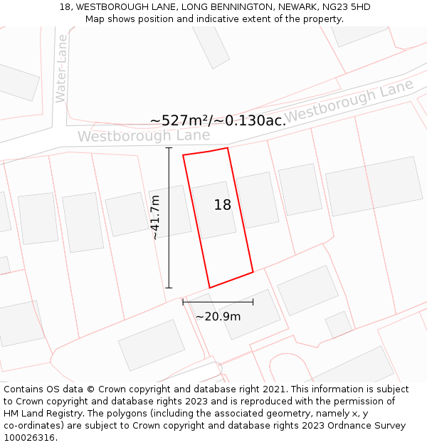 18, WESTBOROUGH LANE, LONG BENNINGTON, NEWARK, NG23 5HD: Plot and title map