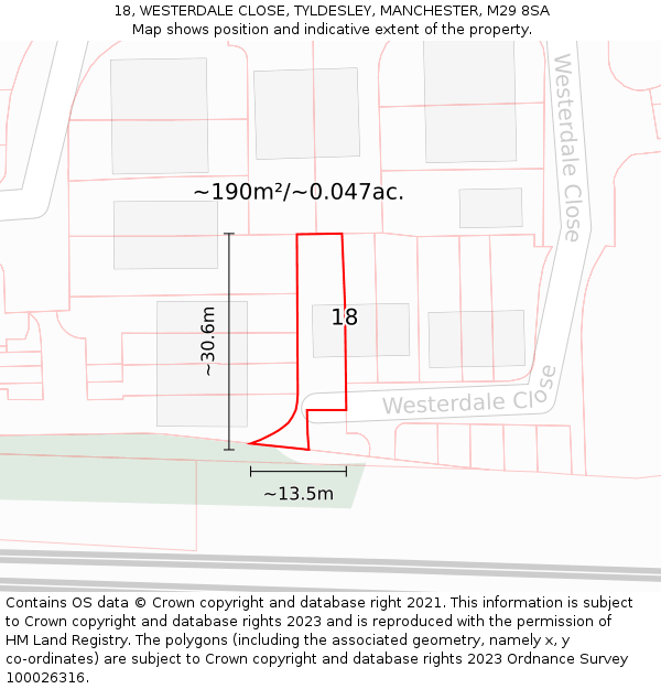 18, WESTERDALE CLOSE, TYLDESLEY, MANCHESTER, M29 8SA: Plot and title map