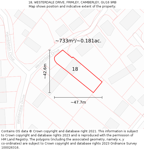 18, WESTERDALE DRIVE, FRIMLEY, CAMBERLEY, GU16 9RB: Plot and title map